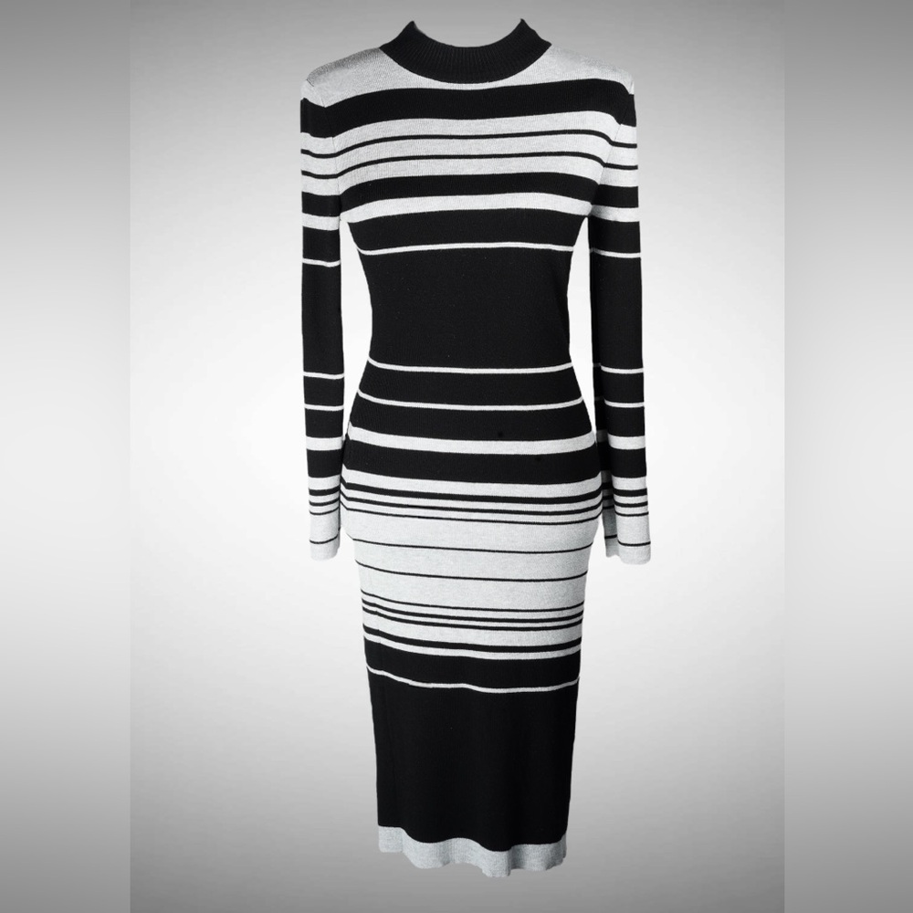 Love Always by FCT Black & Gray Striped Mock-Neck Sweater Midi Dress – Size XL - Picture 4 of 17